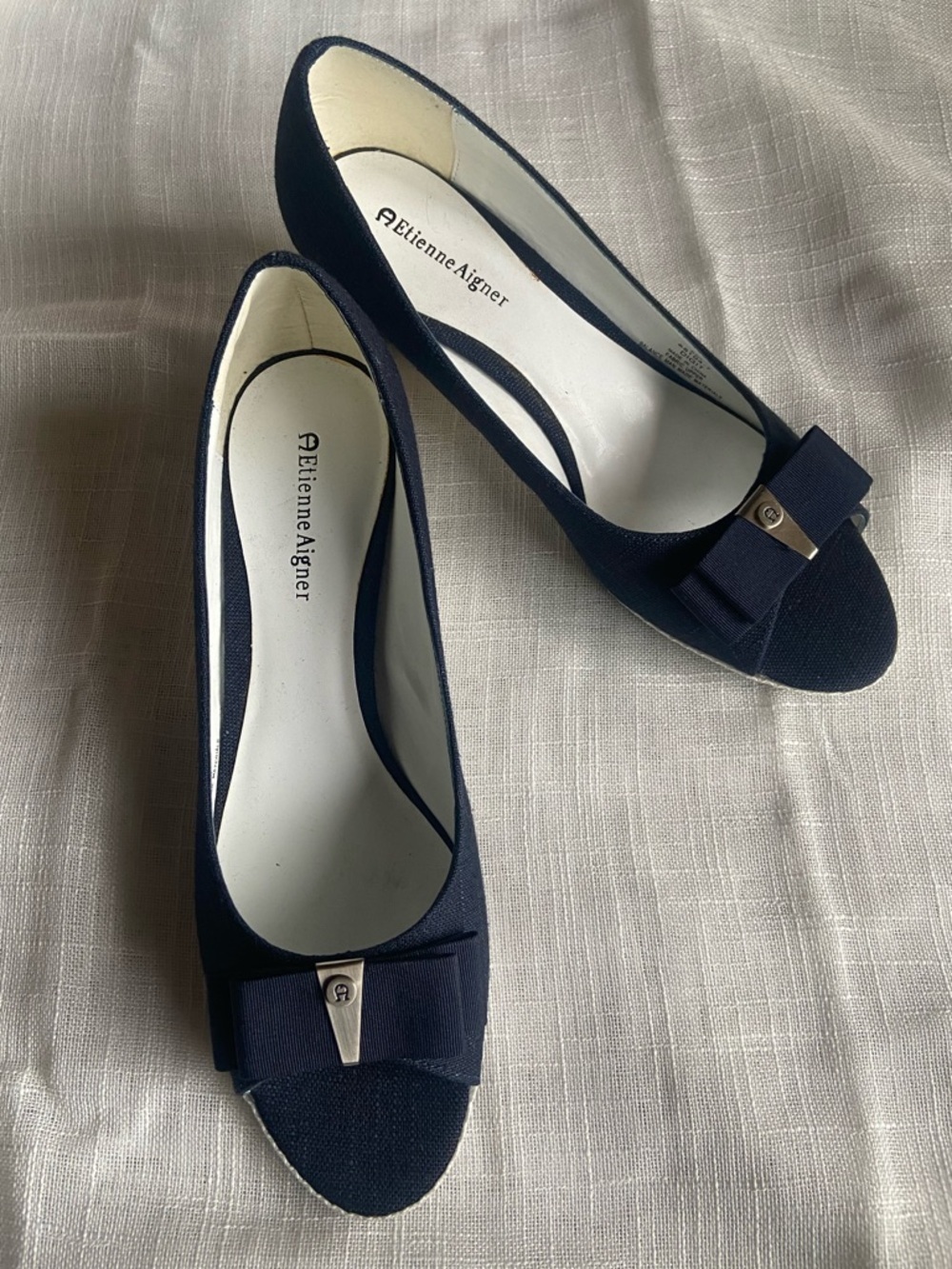 Etienne Aigner Espadrille Sandal Wedge Peep Toe Navy Linen w/ Bow Women‎ Size 8